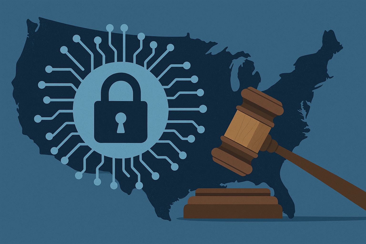 Map of the United States with a digital lock and judge gavel symbolizing cybersecurity law and regulation in the US.